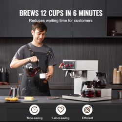12 Cups Commercial Drip Coffee Maker with 3 Glass Carafes and 3 Warmers