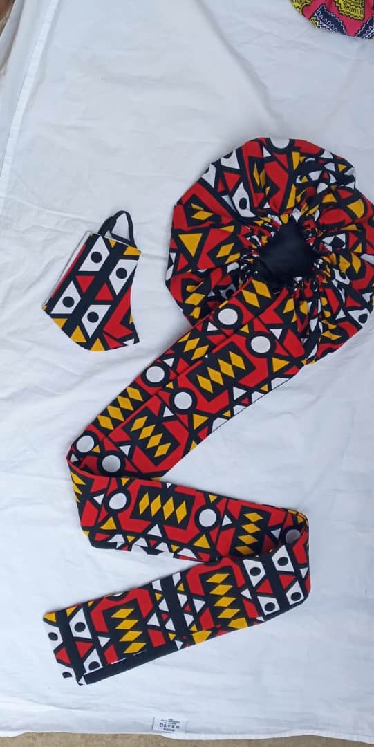 African print headwrap with satin lined and face masks set