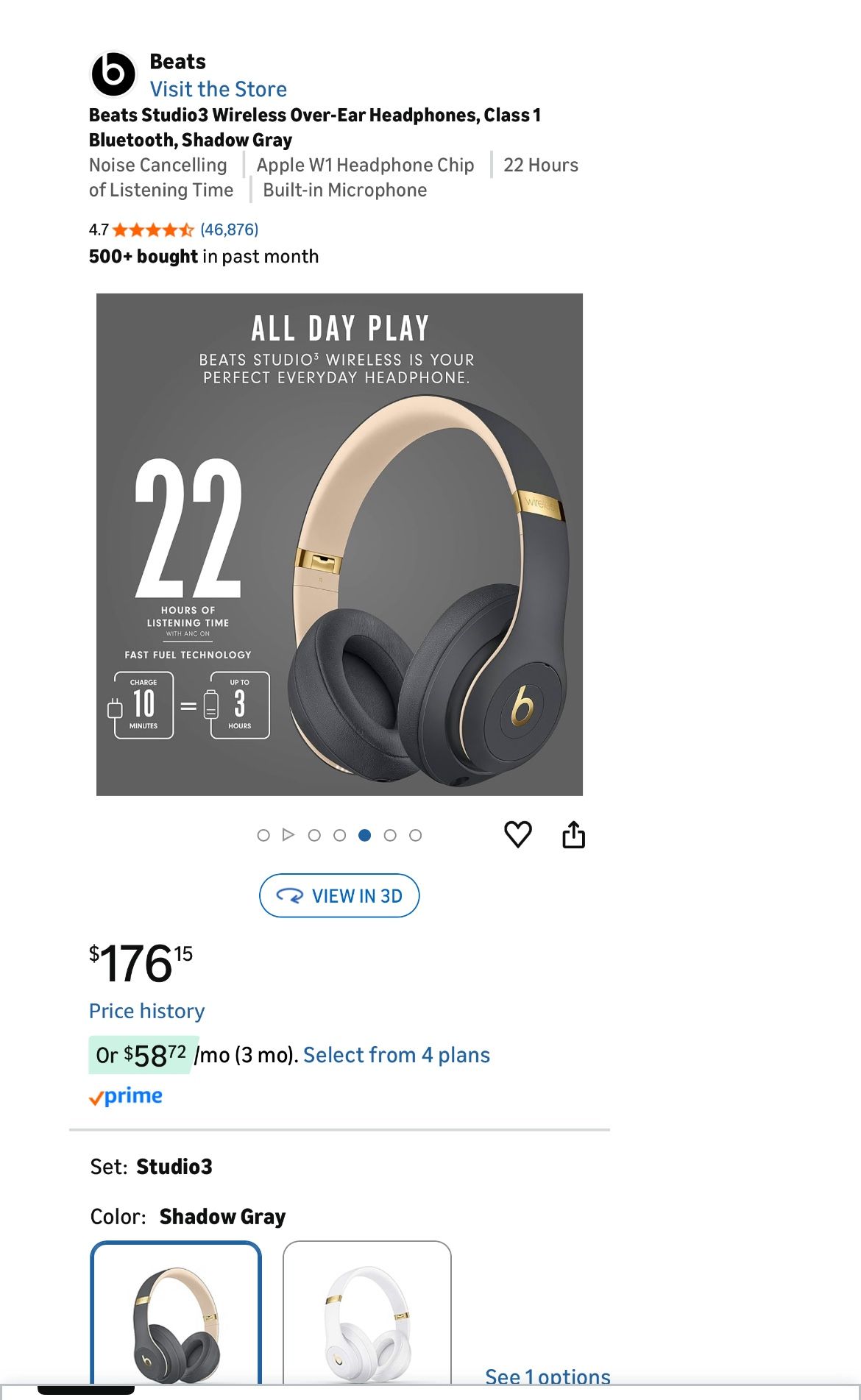 Beats Studio3 Wireless Over-Ear Headphones, Class 1 Bluetooth, Shadow Gray