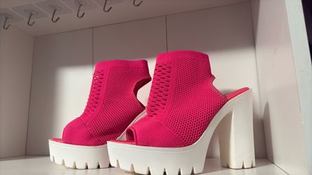Hot Pink Knit Platform Block Heel Mules