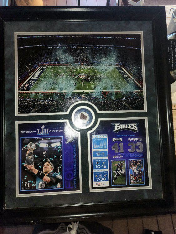 Authentic Philadelphia Eagles Super Bowl Commemorative Poster With A Piece Of The Game Ball.