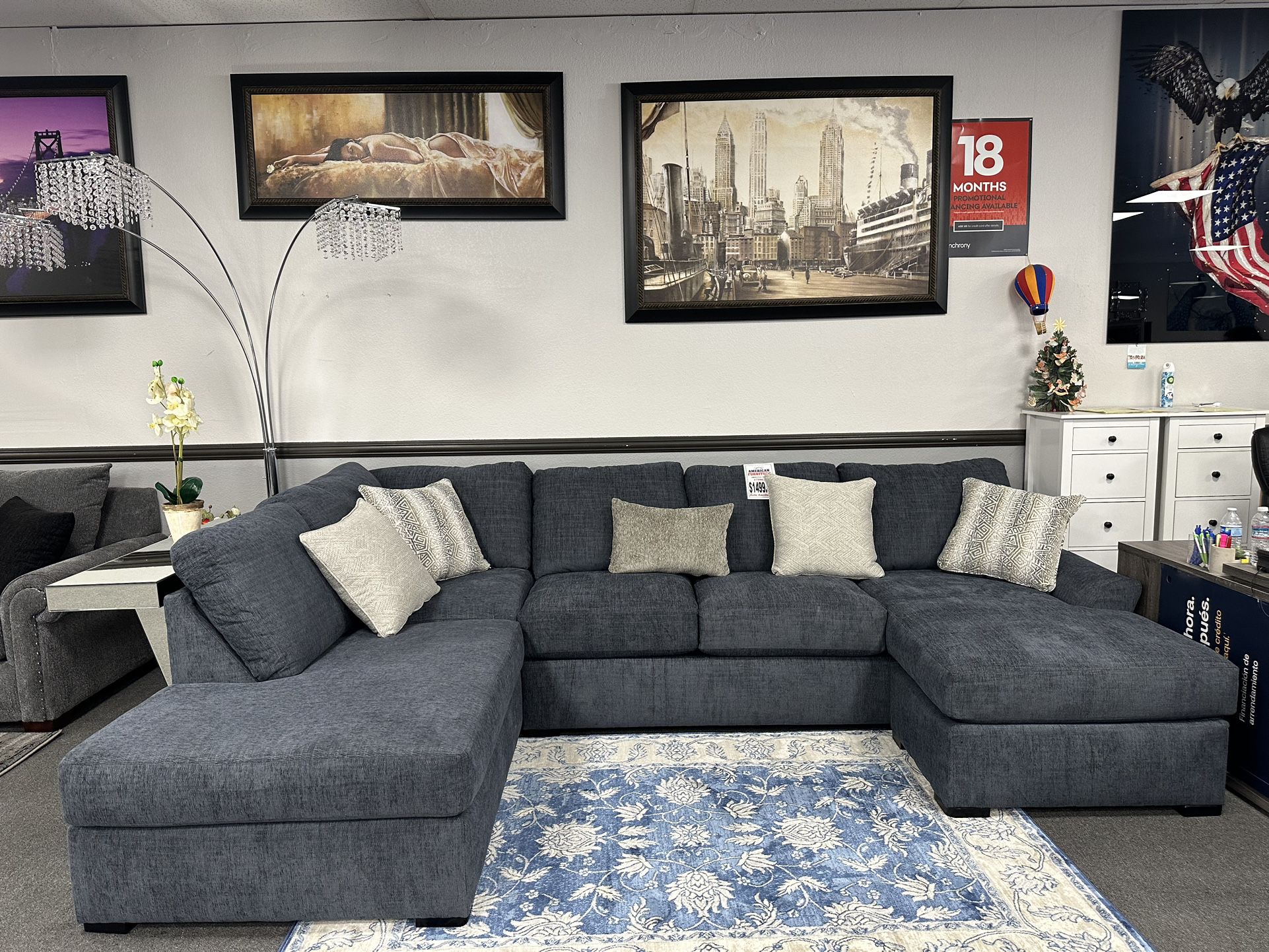 Navy Blue Sofa Sectional W/ Double Chaise