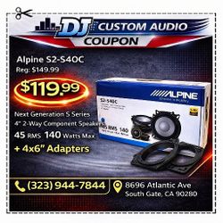 Alpine S Series Car Speakers 1 Set 4" 2-Way Coaxial Speaker System 4x6" Adapters 140 Watts S2-S40C 🚨 Payment Options Available 🚨 No Credit Needed 🚨