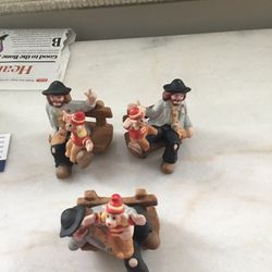 Vintage  Emmett Jr. Miniature Hobo clown On Bench W/monkey Exclusively from Flambro Set Of 3 $25. Could Buy Separately  For $10. Each