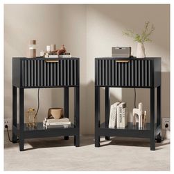 Never Opened - Night Stand Set 2, Fluted Nightstand with Charging Station, Wood Bedside Table with Drawer & Storage Shelf, Modern End Tables for Bedro
