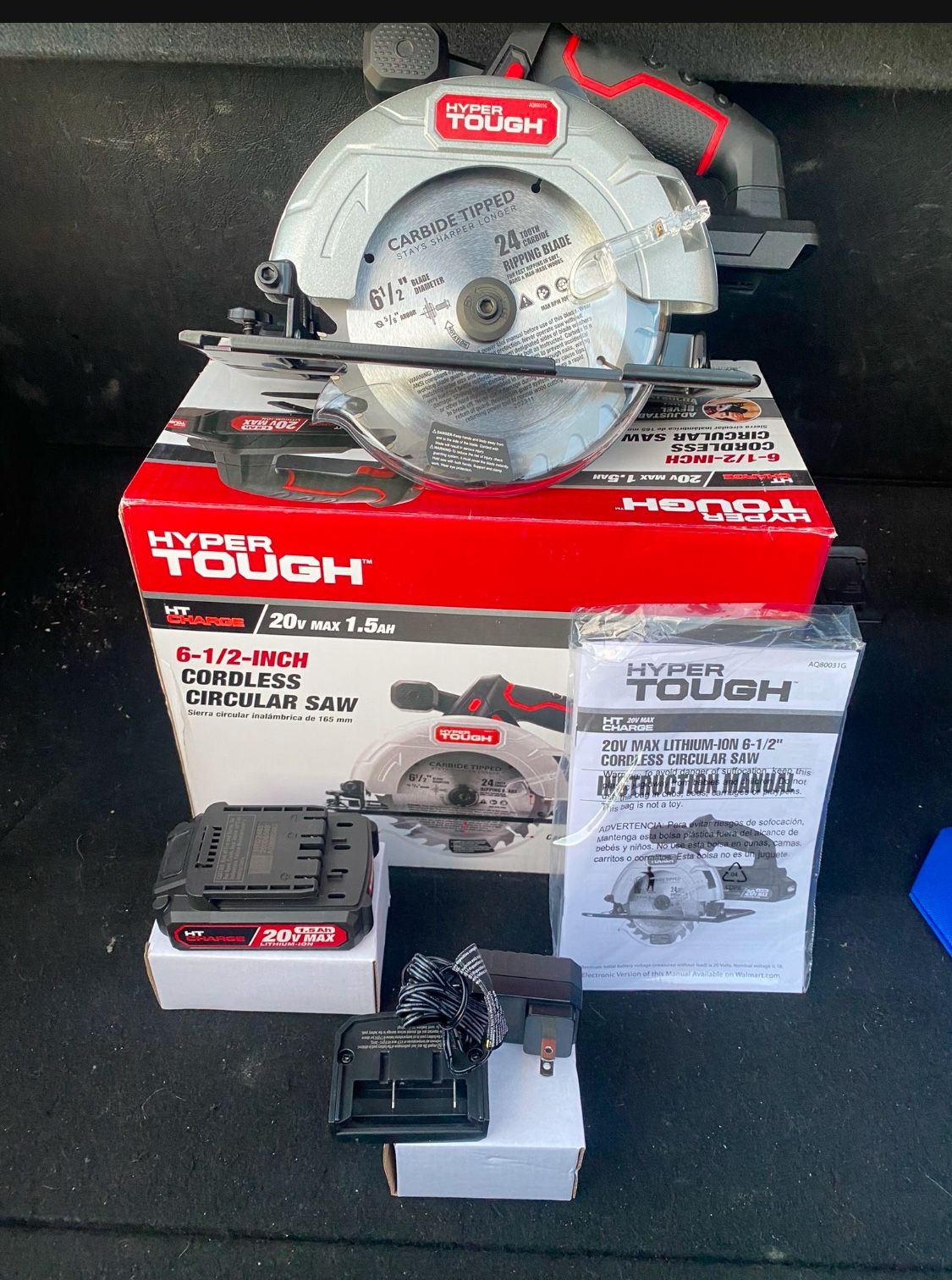 Hyper Tough 20V Max Lithium-ioni Cordless 6-1/2 inch Circular Saw with 1.5Ah Lithium-ion Battery, Charger, Blade & Rip Fence, 