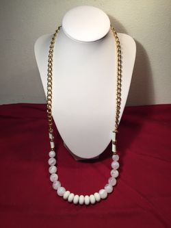 Gold Tone Chain & White Lucite Beaded Necklace