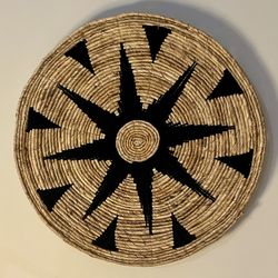 Woven Straw Artwork With Black Yarn Accents 