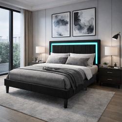 King Size Velvet Bed Frame with LED Light, Adjustable Vertical Channel Tufted Headboard, Strong Wooden Slats Support, Noise-Free, No Box Spring Needed