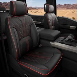 Leather Seat Covers for Ford F150 SuperCrew 2015-2026 & F250/F350/F450 Super Duty Crew Cab 2017-2026, Waterproof Seat Covers Full Set with Lumbar Supp