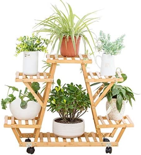 Bamboo Rolling 6 Tier Plant Stand Rack Multiple Flower Pot Holder Shelf Indoor Outdoor Planter Display shelving unit for Patio Garden(BPS-4T-ROLLERS)