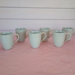 222 Fifth Studio Set of 6 Genuine Stoneware Coffee Mugs Sage Green Brown Striped