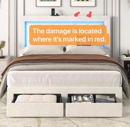 Upholstered Queen Bed Frame with LED Headboard and Storage Drawer, Velvet Platform Bed Frame King Size with Charging Station, Adjustable Headboard, Of