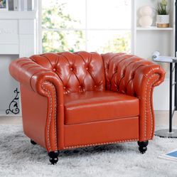 39” Orange PU Leather Tufted Oversized Barrel Chair [NEW IN BOX] **Retails for $400+