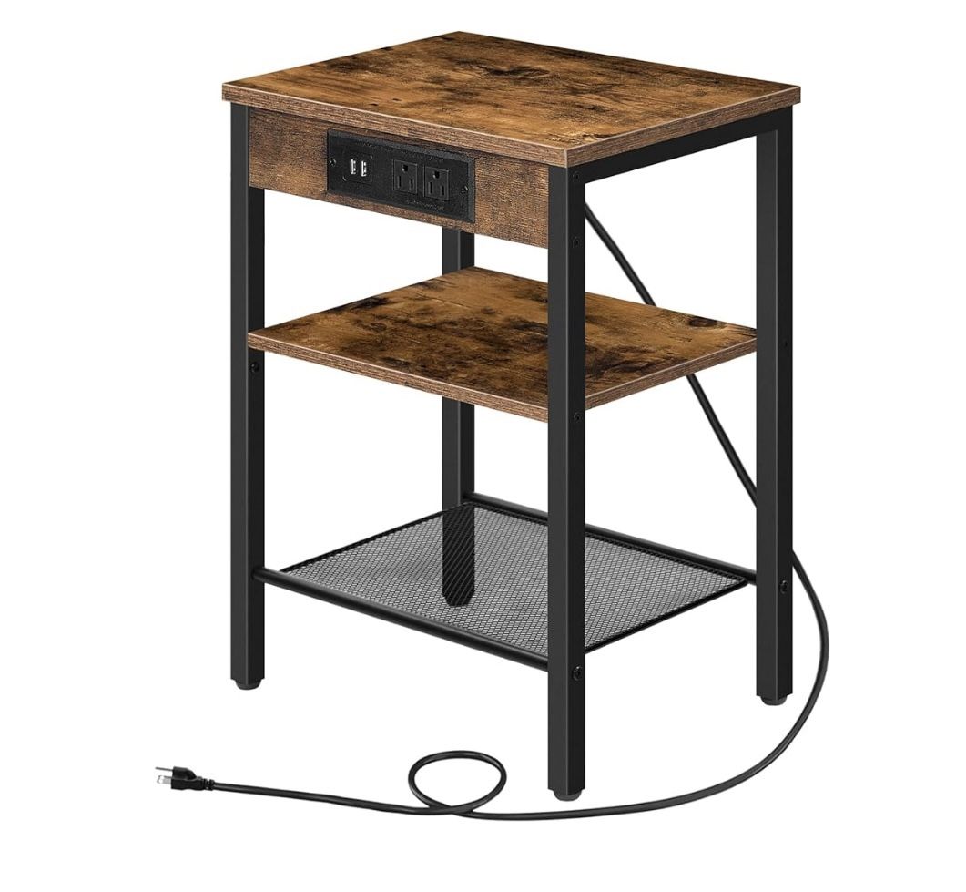 HOOBRO End Table with Charging Station and USB Ports, Small Side Table for Small Space, 3-Tier Nightstand with Adjustable Shelf, for Living Room, Bedr