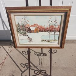 Small vintage framed winter farm cottage oil on canvas signed A. Mezzitti
