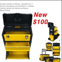New Portable Tool Box on Wheels - Stackable 3-in-1 Chest for Workshops and Craft Rooms - Foldable Comfort Handle and Latches by Stalwart $100 