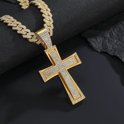 Hip-Hop Alloy Cross Pendant with Diamond Cuban Chain Necklace