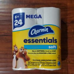 Charmin Essentials SOFT 2 Ply Sheets Toilet Paper: 6 MEGA Rolls = 24 Rolls