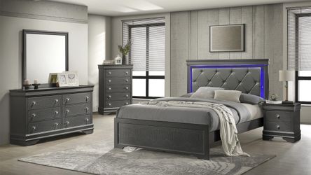 Gray  Bedroom Set with LED Headboard  4pcs Bed Dresser And Nightstands