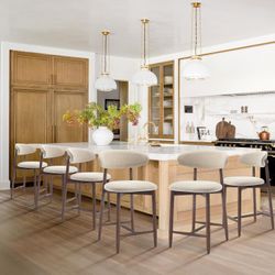 COLAMY Bar Stools Set of 6, Modern, Beige, Wooden, Upholstered, Counter Height, with Back
