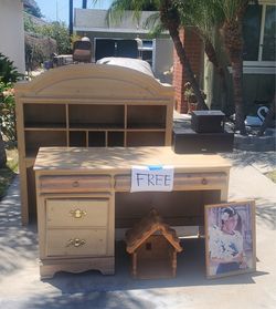 Free Desk, Xmas Tree train track, sled, twin bed frame, and other.