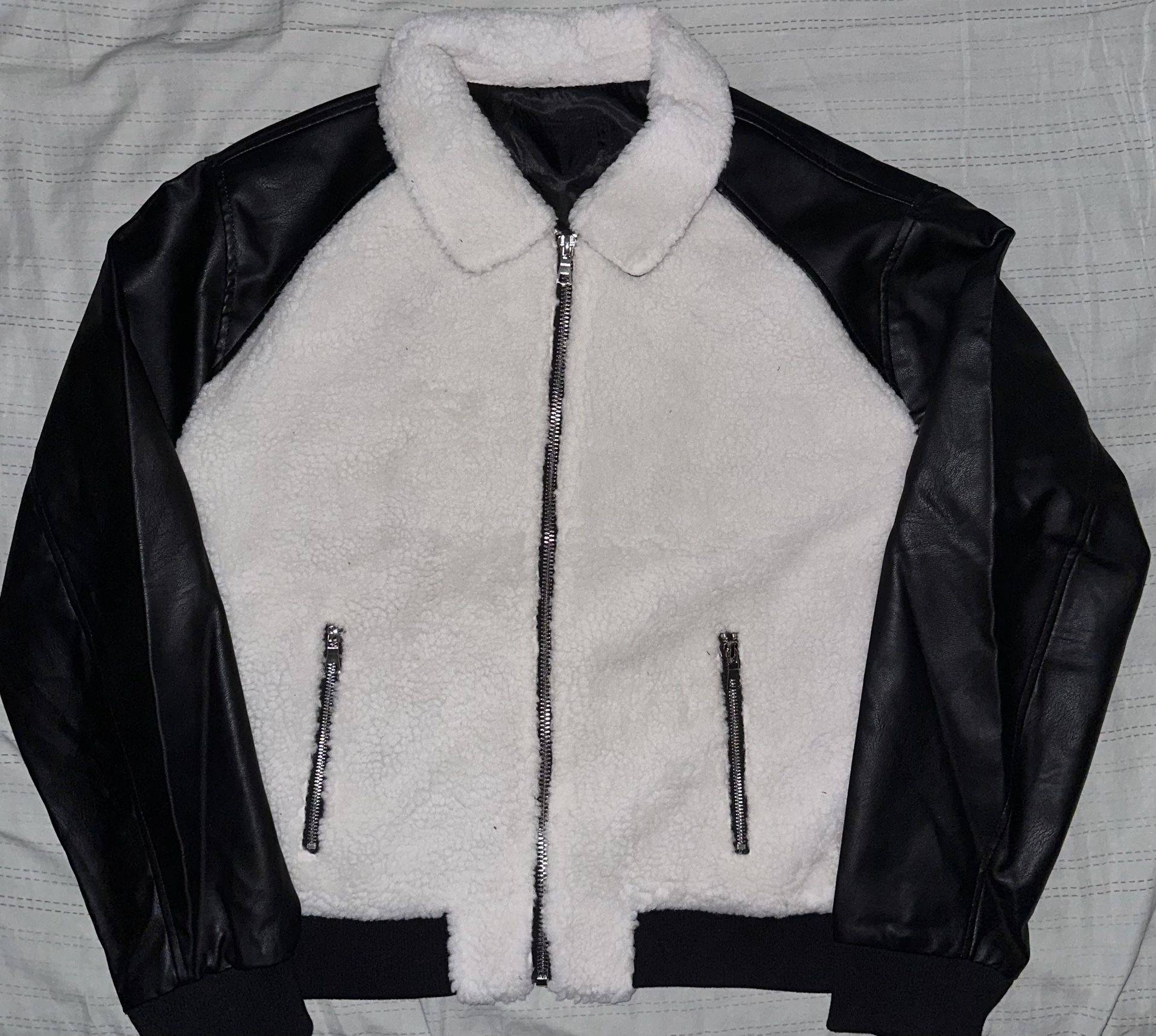 Black, leather and Cream Sherpa jacket