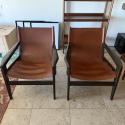 West Elm Mid Century Cognac Leather Safari Sling Chairs
