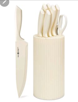 NULAS 8-Piece Kitchen Knife Set with Block for Chef, Stainless Steel Sharp Knives, Anti-Rust, Ergonomic Handle - Cream White