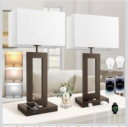 Set of 2 Touch Control Table Lamp with 2 USB Ports, 3-Way Dimmable Modern Nightstand Lamp Sets Bedside Touch Desk Lamp with Fabric Cream Shade For Bed