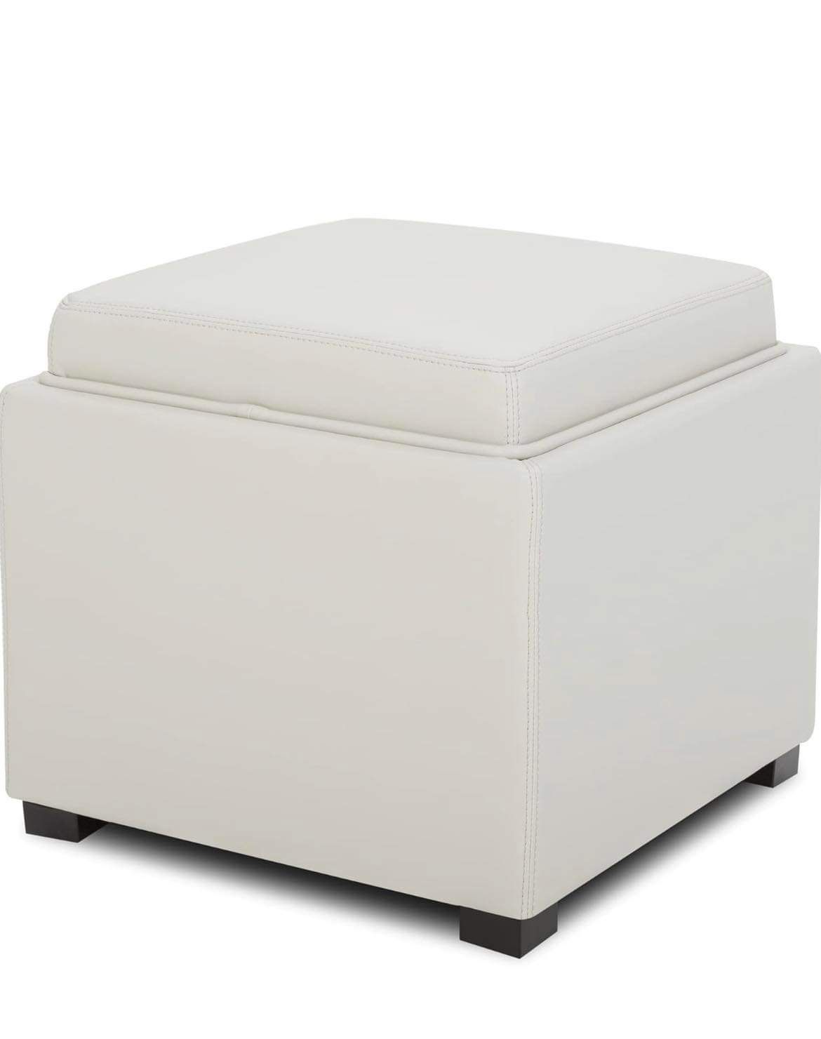 Storage Ottoman Cube with Tray,Footrest Stool Seat Serve as Side Table, PU Leather in Light Gray
