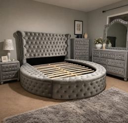 Queen Bed Velvet Tufted grey new storage bed round bed New