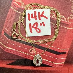 14K Solid Gold Chain and Pendant CUBIC ZIRCONIUM STONES For Wedding 18 Inches Long 