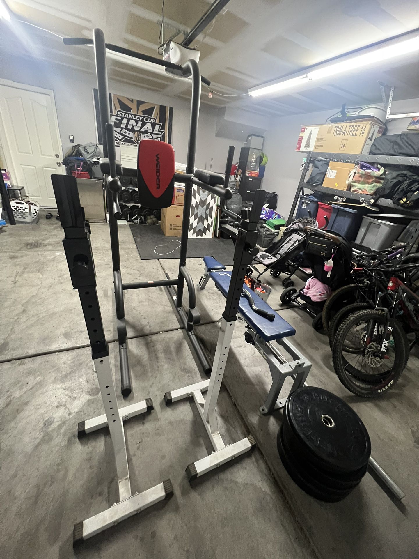 Workout Equipment - Weights, Power Tower, Barbell, Bench 