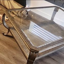 BEAUTIFUL SET OF Pewter Console & Coffee Tables With Thick Beveled Glass!