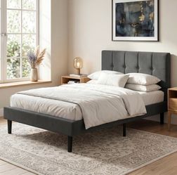 Twin Size Bed Frame with Headboard and Reinforced Wood Slats, Camas Twin Modernas (Gray, Twin)