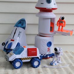 Astro Space Venture Set #1 -Space Capsule, Rover & Shuttle, 3 Astronauts with 2 Packs, Cool Lights & Sounds on Space Pieces (Tether on Shuttle Broken)