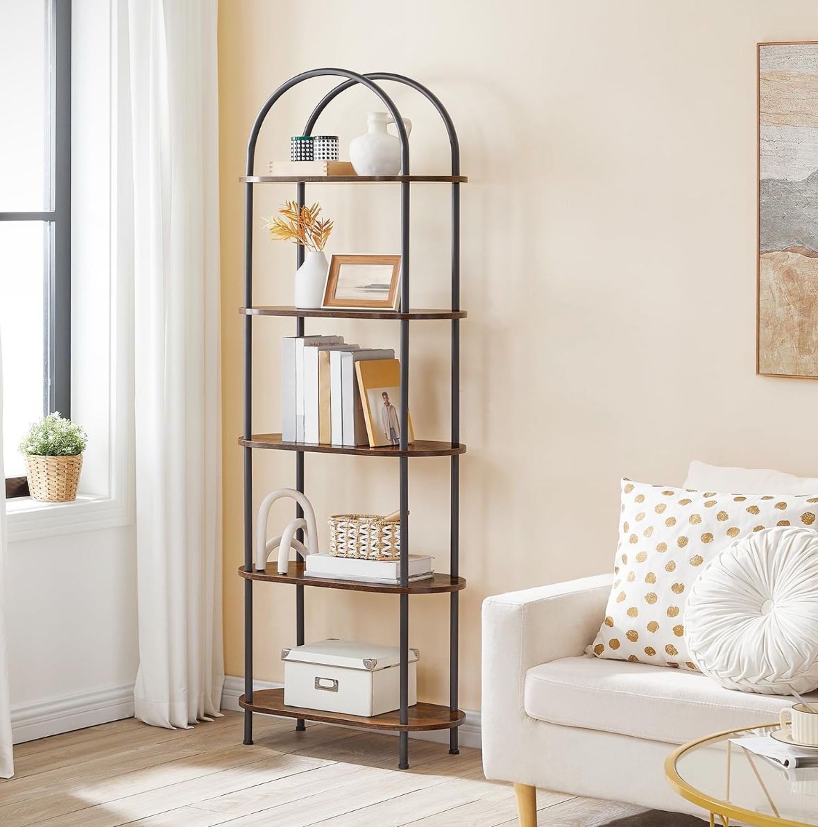 New-5 Tier Open Bookshelf, Industrial Arched Bookcase Display Shelf Racks, Wooden Bookcase Storage Shelves Metal Frame, Tall Storage Organizer for Hom