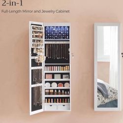 6 LEDs Mirror Jewelry Cabinet, 47.2-Inch Tall Lockable Wall or Door Mounted Jewelry Armoire Organizer with Mirror, 2 Drawers, 3.9 x 14.6 x 47.2 