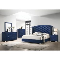 New 5 Piece Tufted Fabric Nailhead Bedroom Set.  Blue / Grey.  Free Delivery!