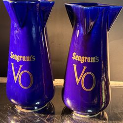 2 Vintage Seagram's VO Imported Gilded Cobalt Porcelain Carafe