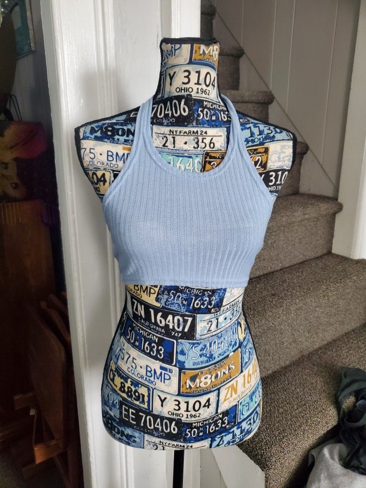 BABY BLUE RIBBED CROPPED HALTER TOP!