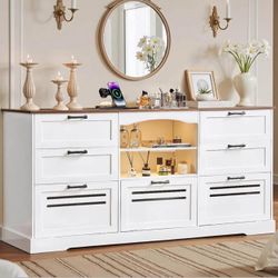 Wood Rustic 63" Wide 75 inch TV Vintage Drawer Dresser for Living room Entryway bedroom