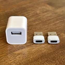 Apple A1385 5W USB-A Cube Wall Charger + Two 3rd-Party USB-A to USB-C Adapters