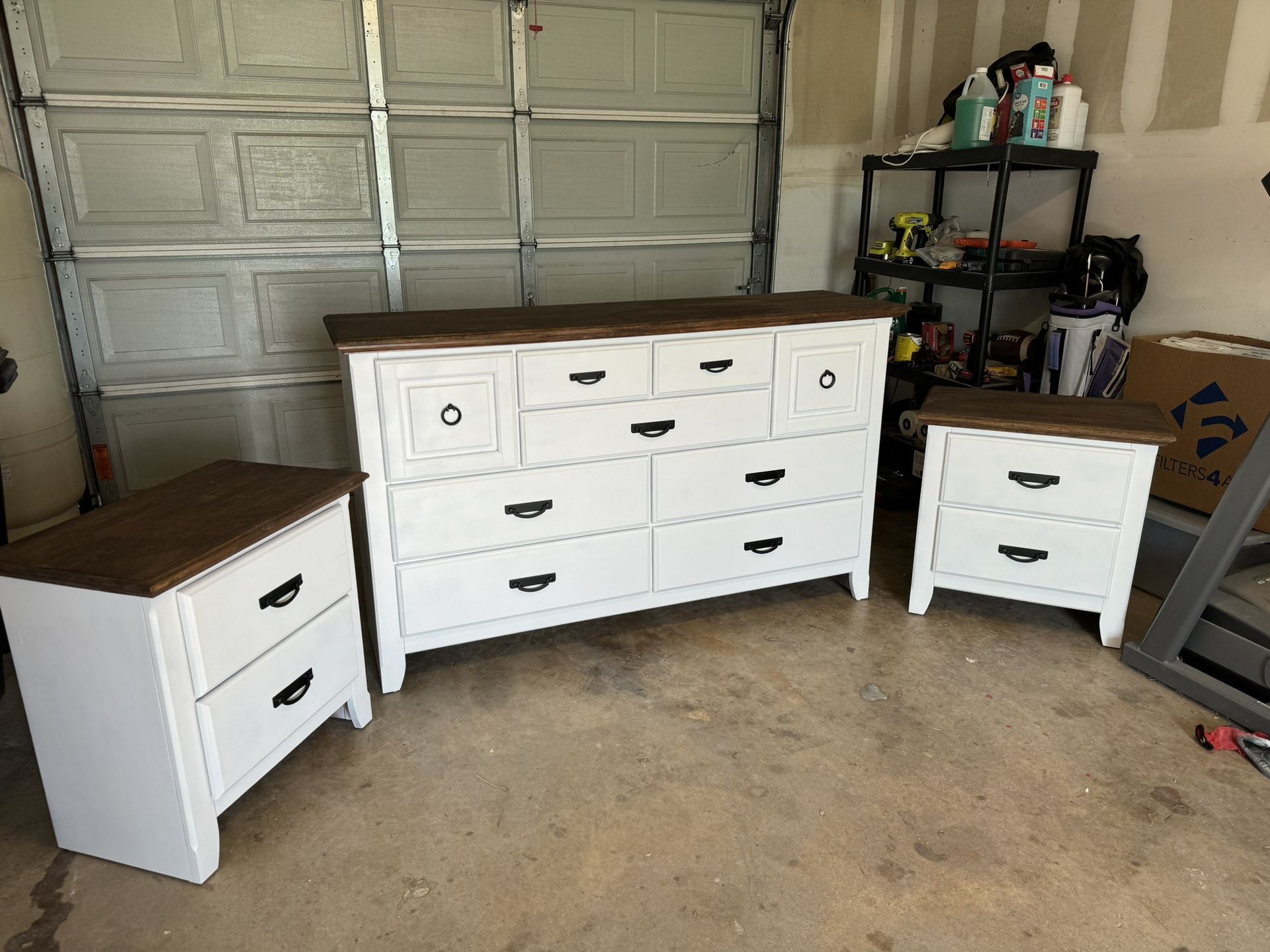 Farmhouse style dresser and 2 matching nightstands. Solid wood, very heavy.