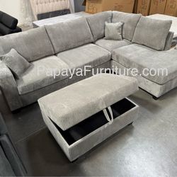 NEW! Light Grey Sectional Sofa And Ottoman, Sectionals, Sofa, Couch, Grey Couch, Grey Sofa, L-Shaped Sofa, Plush Sectional Couch, Living Room Sofa. 