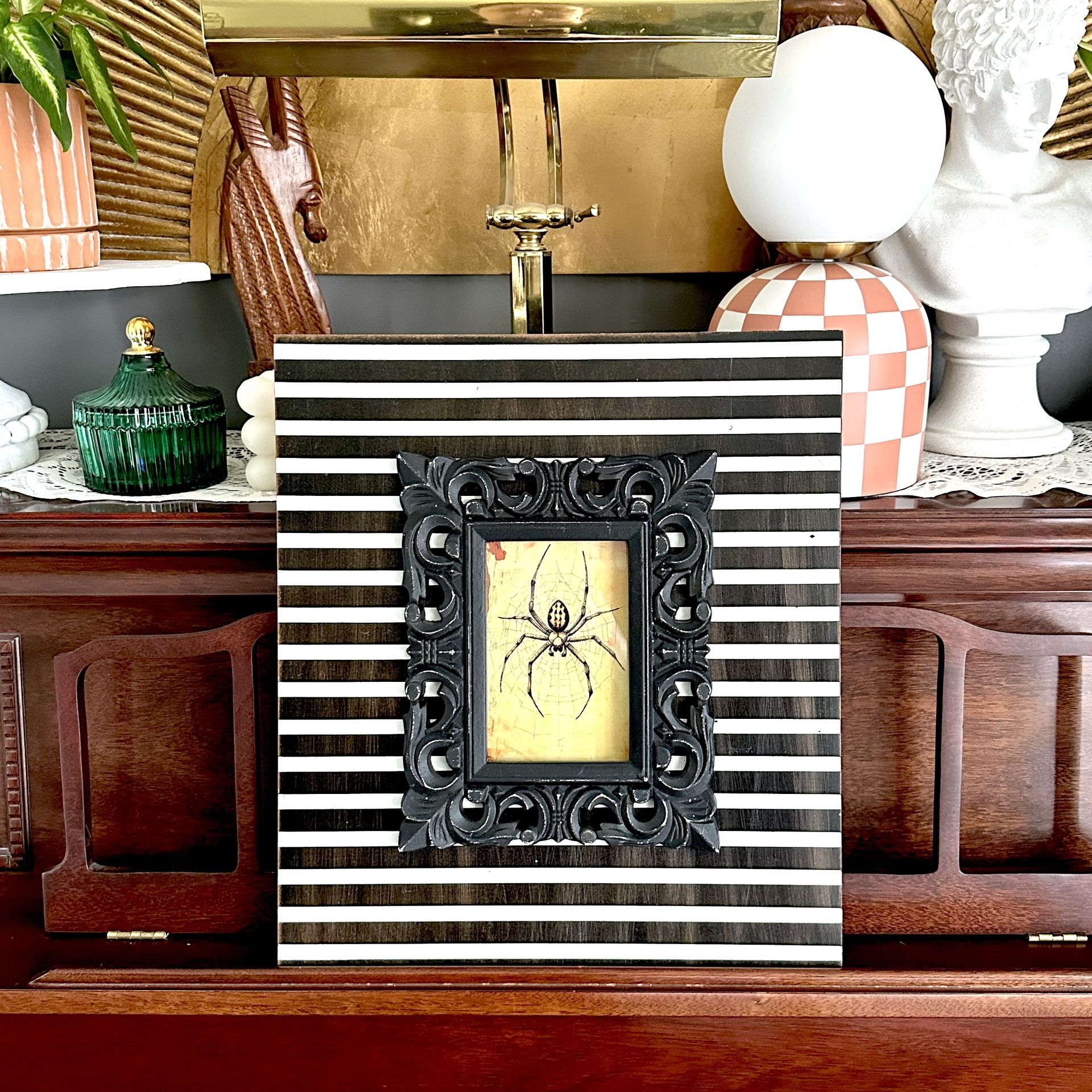 Gothic Black & White Striped Spider Postcard Art Framed Wall Art Ornate 14x16”