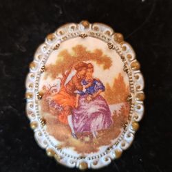 Vintage Sugared Painted Courting Couple Brooch
