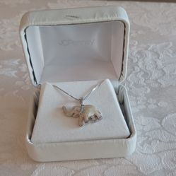 Enamel Pendant~Sterling Silver Elephant W/ Diamond Accents & 18" Box Chain