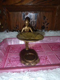 Antique 19th Century Solid Brass Piece Features Detailed Figure Of A Woman Holding A Tray For Sale.